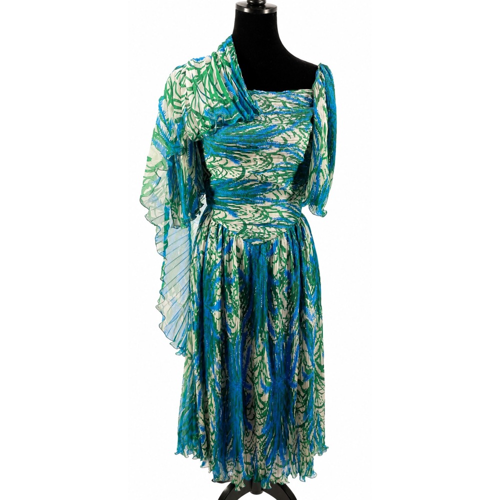 Vintage La Mendola Taormina Womens Pleated Dress 42‎ Blue Floral Silk Chiffon